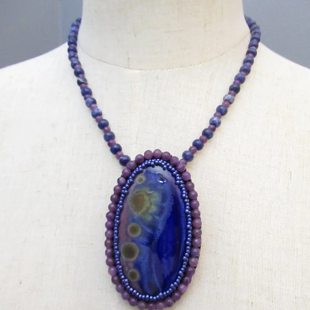 Artisan Bead embroidered cabochon on Sodalite and Lepidolite necklace